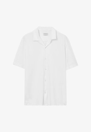 Weißes Kurzarm-Hemd mit Knopfleiste, lassem Schnitt und glatter Textur. Verfügt über eine zentrale Knopfverschluss. Einfaches Design.