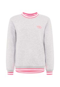Grauer Sweatshirt mit Rundhalsausschnitt, mit pinken und weißen gestreiften Akzenten am Hals und Saum. Enthält ein kleines pinkes Herzdesign auf der Brust.
