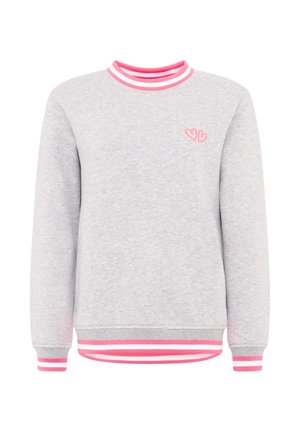 Grauer Sweatshirt mit Rundhalsausschnitt, mit pinken und weißen gestreiften Akzenten am Hals und Saum. Enthält ein kleines pinkes Herzdesign auf der Brust.