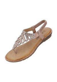 Rosa guldfärgad thong sandal med dekorativt bladdesign, med rhinestone-accenter, flexibel rem och platt sula. Texturerad fotbädd för komfort.