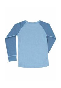 Long-sleeve shirt in light blue with darker blue raglan sleeves. Made of soft fabric with stitched seams and a rounded collar.
