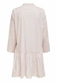 Pasiasta sukienka w jasnoróżowym i białym kolorze, z okrągłym kołnierzykiem, długimi rękawami i falbaną u dołu. Miękka w dotyku.