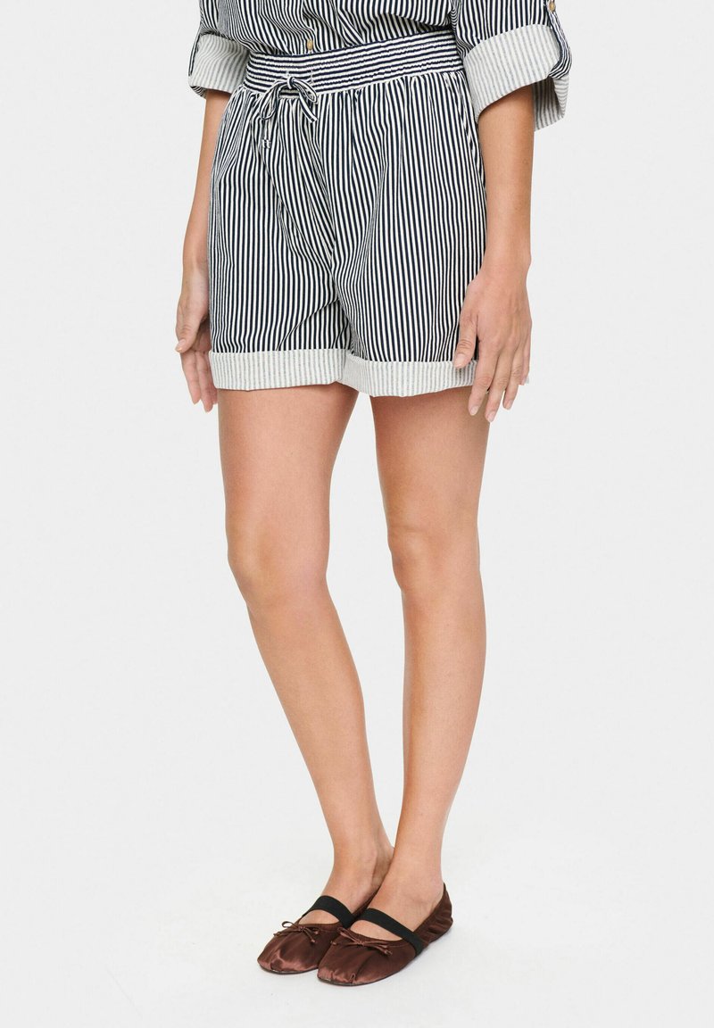 Striped navy and white shorts with a drawstring waistband and rolled cuffs. Casual fit and lightweight material are visible.