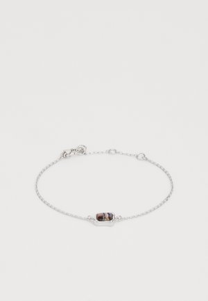 Silver chain bracelet with a small rectangular iridescent stone centerpiece and a lobster clasp closure on a white background.