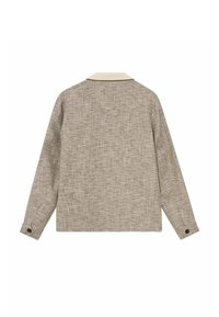 Beige and brown striped long-sleeve sweater with a textured knit pattern, buttoned cuffs, and a contrasting light beige collar.