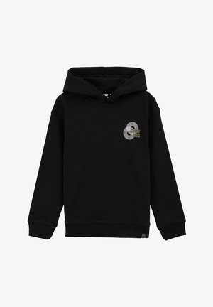 Sudadera negra hecha de mezcla de algodón, con un bolsillo tipo canguro en la parte delantera, puños acanalados y un diseño gráfico en gris y dorado en el pecho.