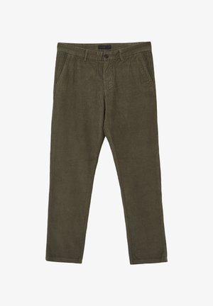 Olive green corduroy pants with a textured fabric, straight leg design, front pockets, and a button closure at the waist.