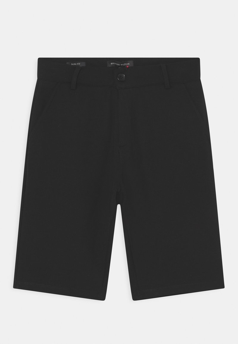 Bermudas pretas ajustadas feitas de um tecido suave, com fecho de botão, passantes para cinto e dois bolsos laterais. Design limpo sem padrões.