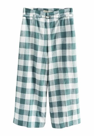 Pantaloni a gamba larga a quadri verdi e bianchi con vita alta e cintura in tessuto coordinato con fibbia argento.
