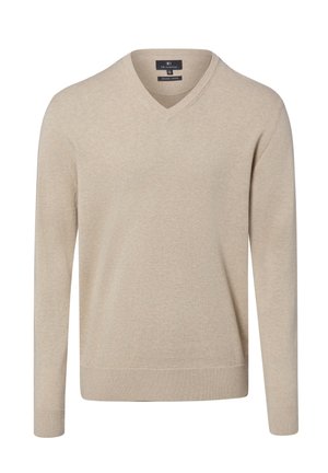 Beige trui met lange mouwen en V-hals, met geribde boorden en zoom, gemaakt van biologisch katoen.