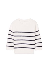 Maglione bianco con righe orizzontali blu navy, maniche a tre quarti e scollo rotondo. Texture morbida, vestibilità leggermente accorciata.