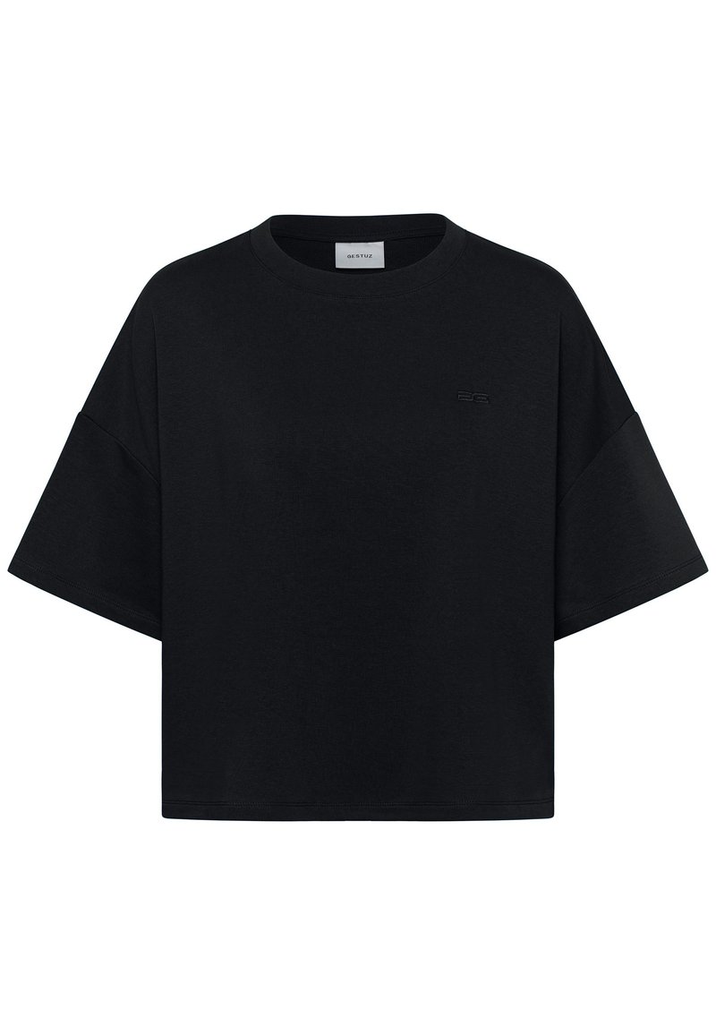 T-shirt court noir à manches courtes avec un col rond et un logo subtil sur le côté gauche de la poitrine.