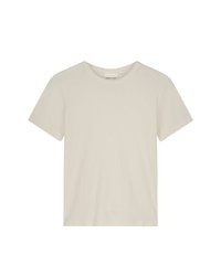 Lichtbeige T-shirt met korte mouwen, gemaakt van zacht katoen. Heeft een ronde halslijn en een klassieke pasvorm met een geribbelde textuur over het hele oppervlak.