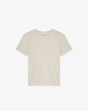 Lichtbeige T-shirt met korte mouwen, gemaakt van zacht katoen. Heeft een ronde halslijn en een klassieke pasvorm met een geribbelde textuur over het hele oppervlak.