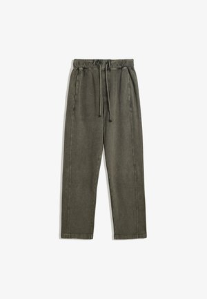 Olivegrüne, leichte Hosen mit elastischem Bund und verstellbarem Kordelzug. Mit seitlichen Taschen und geradem Bein.