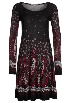 Black long-sleeve dress with red, white, and brown floral and paisley patterns, fitted at the top with a flared skirt.