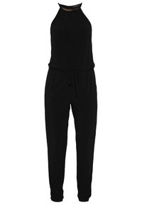 Combinaison noire sans manches avec un col haut, une taille à cordon et des jambes de pantalon fuselées.