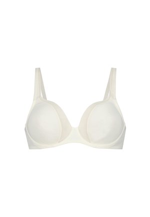 Soutien-gorge à armatures couleur crème avec des bonnets lisses et légèrement rembourrés, des bretelles ajustables et un design sans coutures pour une couverture uniforme.