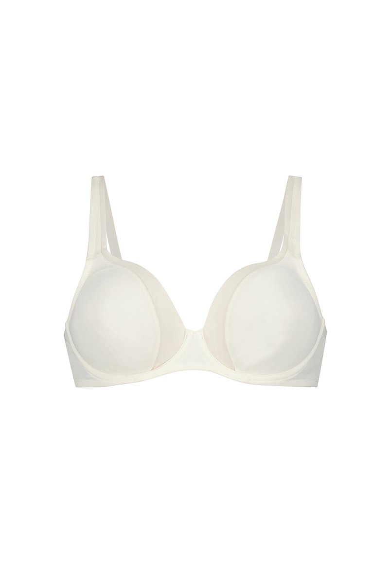 Cream-colored underwire bra with smooth, lightly padded cups, adjustable straps, and a seamless design for consistent coverage.