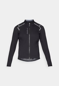 Herre svart sykkeldress laget av lett materiale; har lange ermer, reflekterende detaljer på skuldrene og en hel front glidelås.