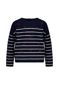 Pull en maille bleu marine avec des rayures blanches horizontales et des motifs de cœurs rouges éparpillés. Encolure ronde, manches longues et coupe décontractée.