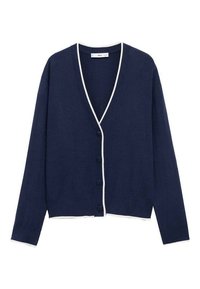 Cardigan bleu marine avec un col en V, bord blanc, poignets côtelés et fermeture à sept boutons. Matière en maille douce avec une coupe décontractée.