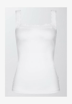 Biały top na ramiączkach z cienkiej koronki oraz delikatnym wykończeniem koronkowym wzdłuż dekoltu. Gładki, elastyczny materiał o dopasowanym kroju.