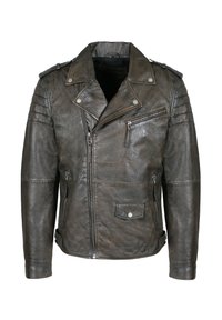 Donkerbruine distressed leren bikerjack met asymmetrische ritssluiting aan de voorkant, ritssluiting op de borstzak, drukknoop klepzak, doorgestikte schouderdetails en epauletten.