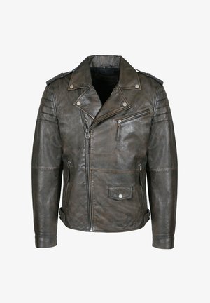 Donkerbruine distressed leren bikerjack met asymmetrische ritssluiting aan de voorkant, ritssluiting op de borstzak, drukknoop klepzak, doorgestikte schouderdetails en epauletten.