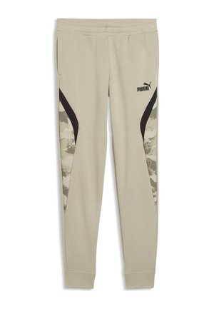 Beige Puma-Sweatpants mit zulaufenden Beinen, schwarzen gebogenen Einsätzen und hellgrauen Camouflage-Seitenakzenten, elastischem Bund und Logo am linken Oberschenkel.