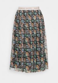 Tylowa spódnica midi w kwiaty na czarnym tle, z wielokolorowymi kwiatami, zielonymi liśćmi oraz elastyczną gumką w talii z motywacyjnym tekstem.