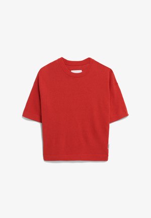 T-shirt a righe rosse in maglia con scollo rotondo e maniche corte. Presenta una linea dritta e una piccola etichetta con il marchio sul lato.
