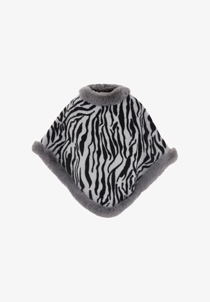 Zebra-print poncho i blødt sort og hvidt fleece med grå kunstpelskant. Har en rund krave og et kapelignende design.