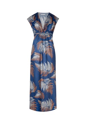 Maxikleid aus marineblauem Satin mit einem Muster aus weißen und kupferfarbenen Farnblättern. V-Ausschnitt-Design mit kurzen Ärmeln und gerafftem Taillendetail.