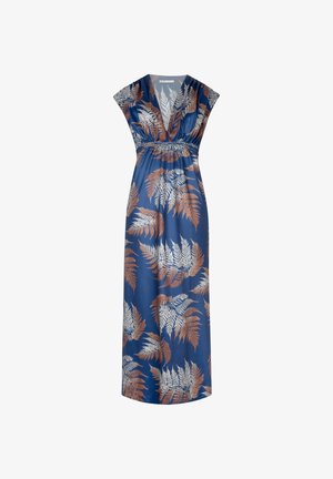 Maxi dress in navy blue satin featuring a leafy fern pattern in white and copper. V-neck design with short sleeves and gathered waist detail.