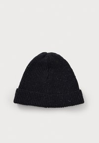 Knitted black beanie with a ribbed texture, featuring subtle speckles, a folded cuff, and a rounded top design.