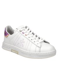 White leather sneaker with purple and peach accents, featuring striped design and branded heel, round toe, and textured rubber sole.