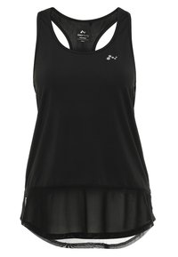 Czarny sportowy top na ramiączkach wykonany z lekkiego, oddychającego materiału, z dekoltem typu racerback i przejrzystym, rozkloszowanym dołem.