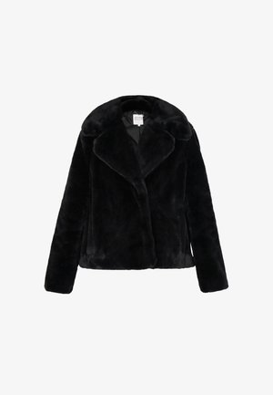 Chaqueta de piel sintética negra con un cuello ancho, mangas largas y una textura suave. Sin cierres visibles; un diseño elegante y moderno.