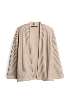 Beige ribbed cardigan with an open front, wide sleeves, and a textured finish. Lightweight fabric designed for layering.