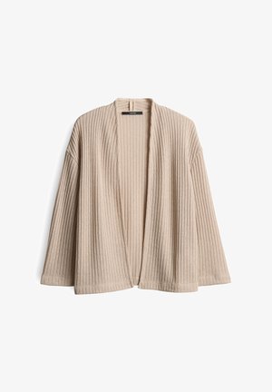 Beige gerippter Cardigan mit offenem Vorderteil, weiten Ärmeln und strukturiertem Finish. Leichter Stoff, der sich gut zum Layering eignet.