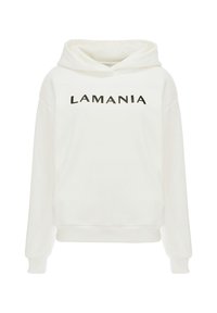 Biela mikina s kapucňou s potlačou "LAMANIA" v čiernej farbe. Navrhnutá s priestrannou kapucňou, prednou kapsou a rebrovanými manžetami. Hladká textúra.