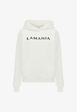 Biała bluza z kapturem z napisem "LAMANIA" w kolorze czarnym. Zaprojektowana z obszernym kapturem, przednią kieszenią i ściągaczami u rękawów. Gładka tekstura.