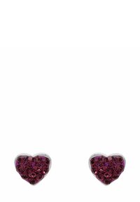 Pendientes en forma de corazón con piedras de rhinestone moradas y rojo profundo, montados en un marco de metal tono plateado, con una superficie lisa y pulida.
