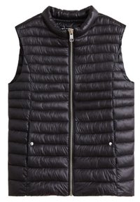 Schwarze ärmellose Weste mit gesteppter Textur, Reißverschluss vorne und zwei Druckknöpfen auf der Vorderseite, die eine schlanke Silhouette bieten.