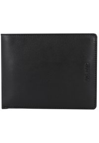 Portafoglio in pelle nera con texture liscia, design a bifold e logo stampato. Nessuna hardware visibile o pattern; stile pulito e minimalista.
