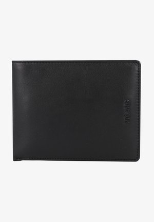Zwarte leren portemonnee met een gladde textuur, bi-fold ontwerp en reliëf logo. Geen zichtbare hardware of patronen; schoon, minimalistisch stijl.