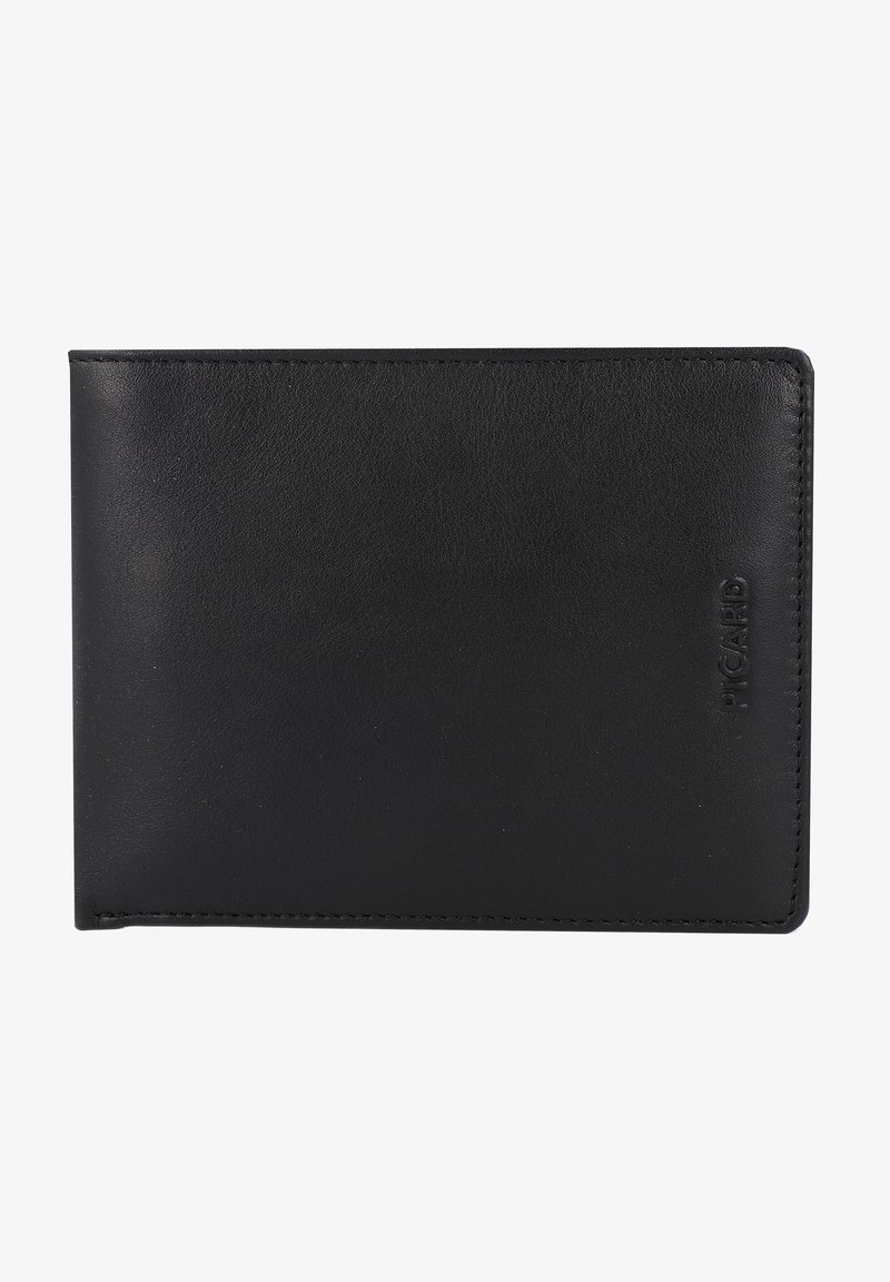 Black leather wallet with smooth texture, bi-fold design, and embossed logo. No visible hardware or patterns; clean, minimalist style.