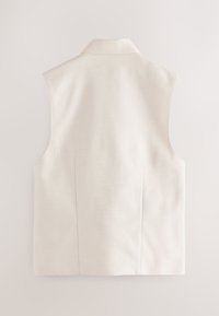 Veste beige clair sans manches avec un col traditionnel, coupe ajustée et texture subtile. Présente deux coutures latérales et aucun élément métallique visible.