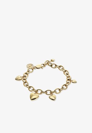 Bracelet chaîne en or avec cinq breloques en forme de cœur et une breloque ronde avec découpe en forme d'étoile, sécurisé par un fermoir mousqueton.